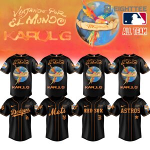 Karol G x Baseball Nos Vamos de Tour Black Team Jersey by Eighttee.com Karol G x Baseball Nos Vamos de Tour Black Team Jersey