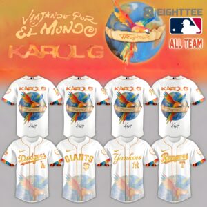Karol G x Baseball Nos Vamos de Tour White Team Jersey by Eighttee.com Karol G x Baseball Nos Vamos de Tour White Team Jersey