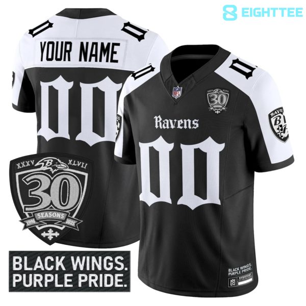 Alternative view of Baltimore Ravens 'Gothic Nevermore Edition' 30th Season Custom Football Jersey Black