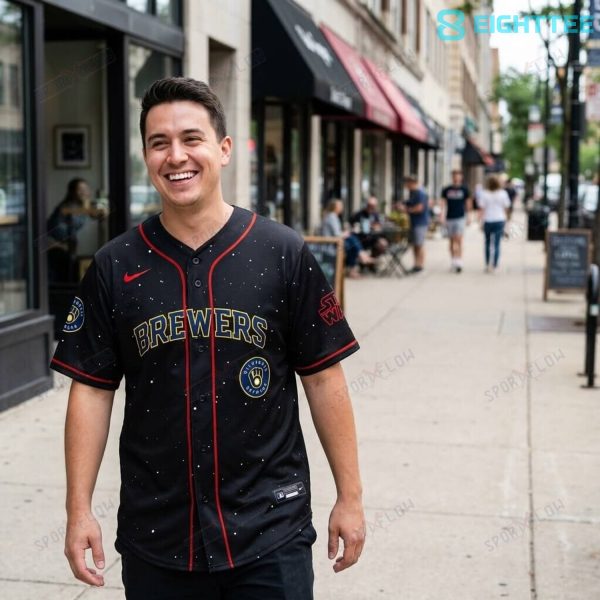 Alternative view of Milwaukee Brewers Dark Commander "Starfield Galaxy Night" Anime SW Baseball Jersey