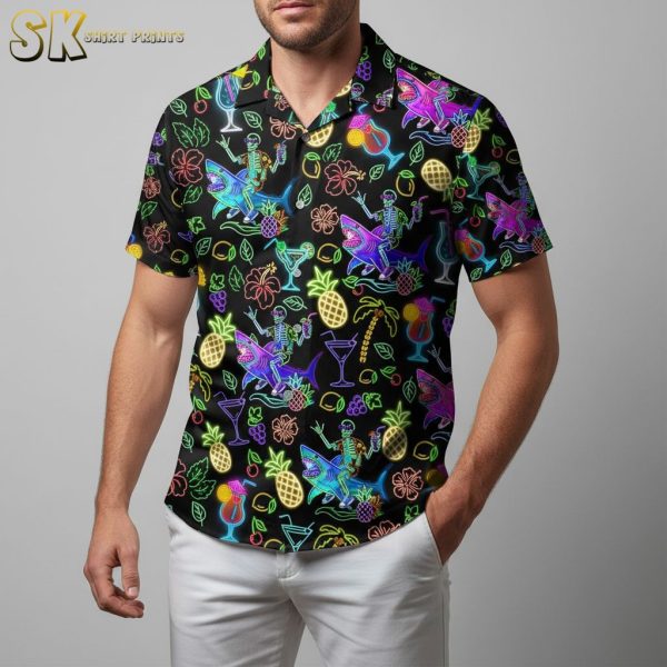 Alternative view of Neon Tropical Black Aloha Shirt - Cocktails Flamingos Palm Trees Hawaiian Shirt Men