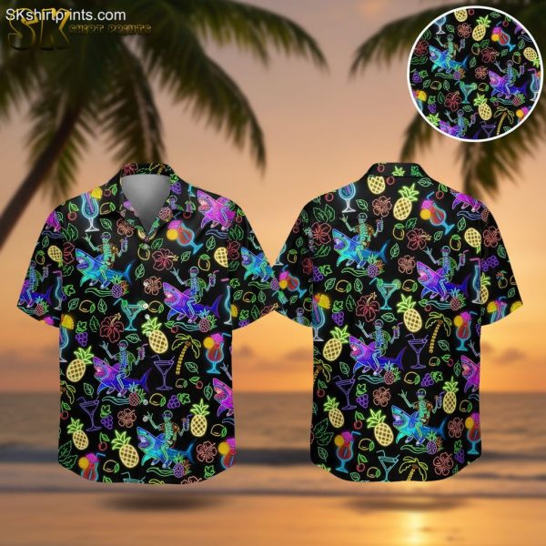 Neon Tropical Black Aloha Shirt - Cocktails Flamingos Palm Trees Hawaiian Shirt Men