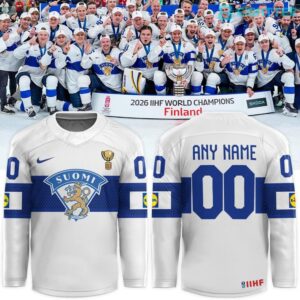 Finland 2026 IIHF World Champions Custom Hockey Jersey by Eighttee.com Finland 2026 IIHF World Champions Custom Hockey Jersey