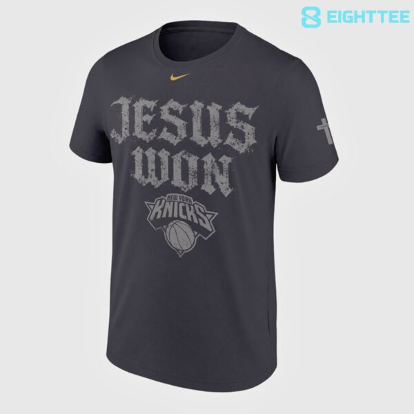 Alternative view of New York Knicks JESUS WON NBA Champions 2026 Limited Edition Gray Shirt