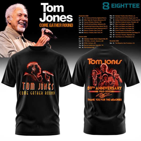 Tom Jones Come Gather Round Tour 2026 59th Anniversary Tee